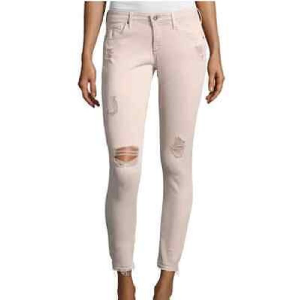 AG Farrah High Rise Skinny Ankle Distressed Raw Hem Jean in Light Pink